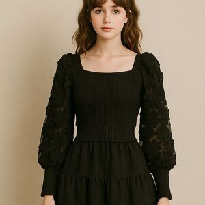 Black Knit Top XS Sheer Puff Floral Sleeves Witchy Whimsygoth Gothic Romantic Do